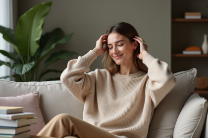 Femme en détente se massant le cuir chevelu dans un salon moderne