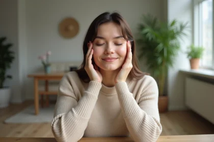 Femme se massant le visage dans un intérieur calme