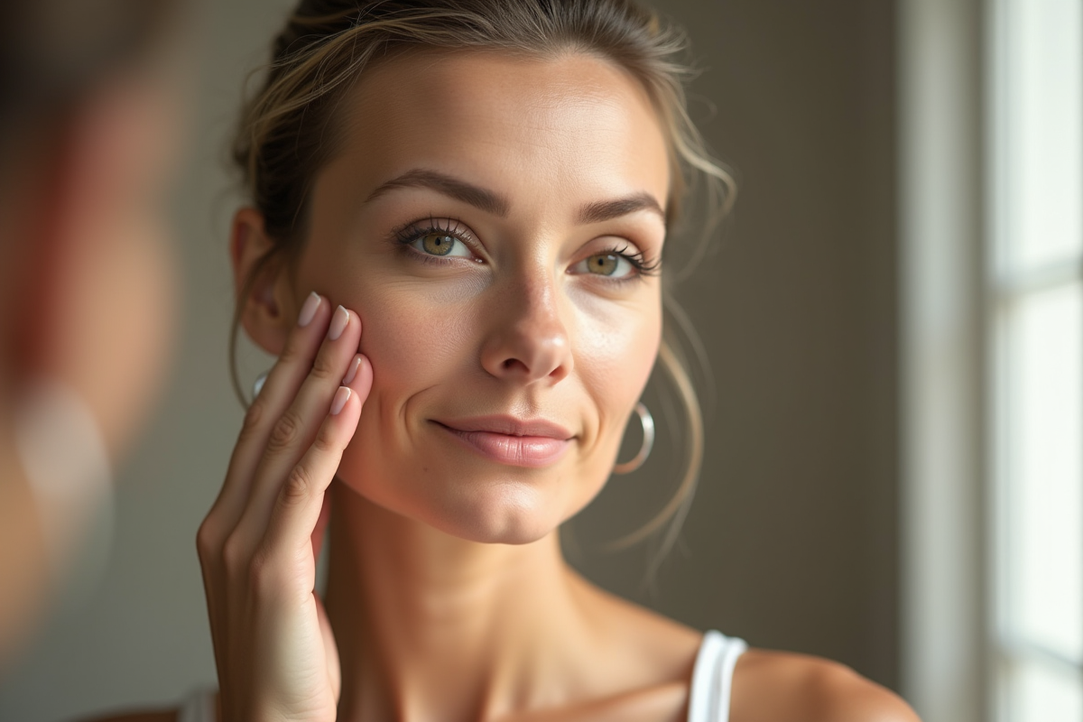 Femme d'âge moyen se massant le visage devant un miroir en lumière naturelle