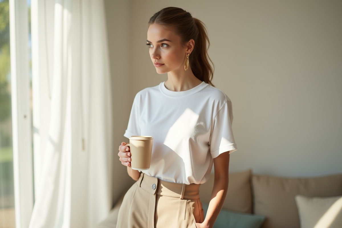 Jeune femme dans un appartement lumineux et minimaliste