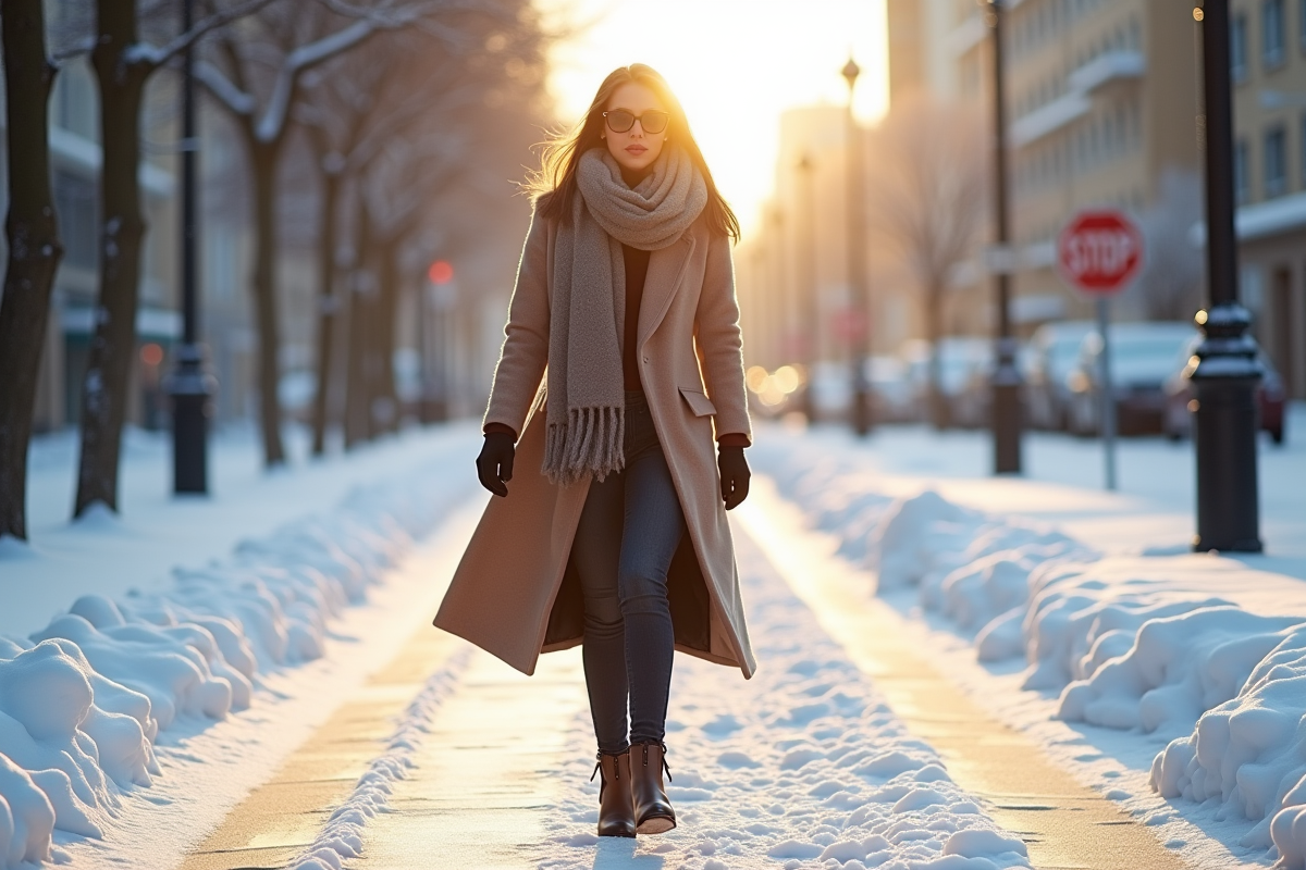 Femme élégante marchant dans la ville enneigée en hiver