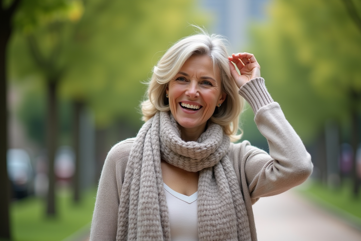 Femme souriante avec écharpe dans un parc urbain