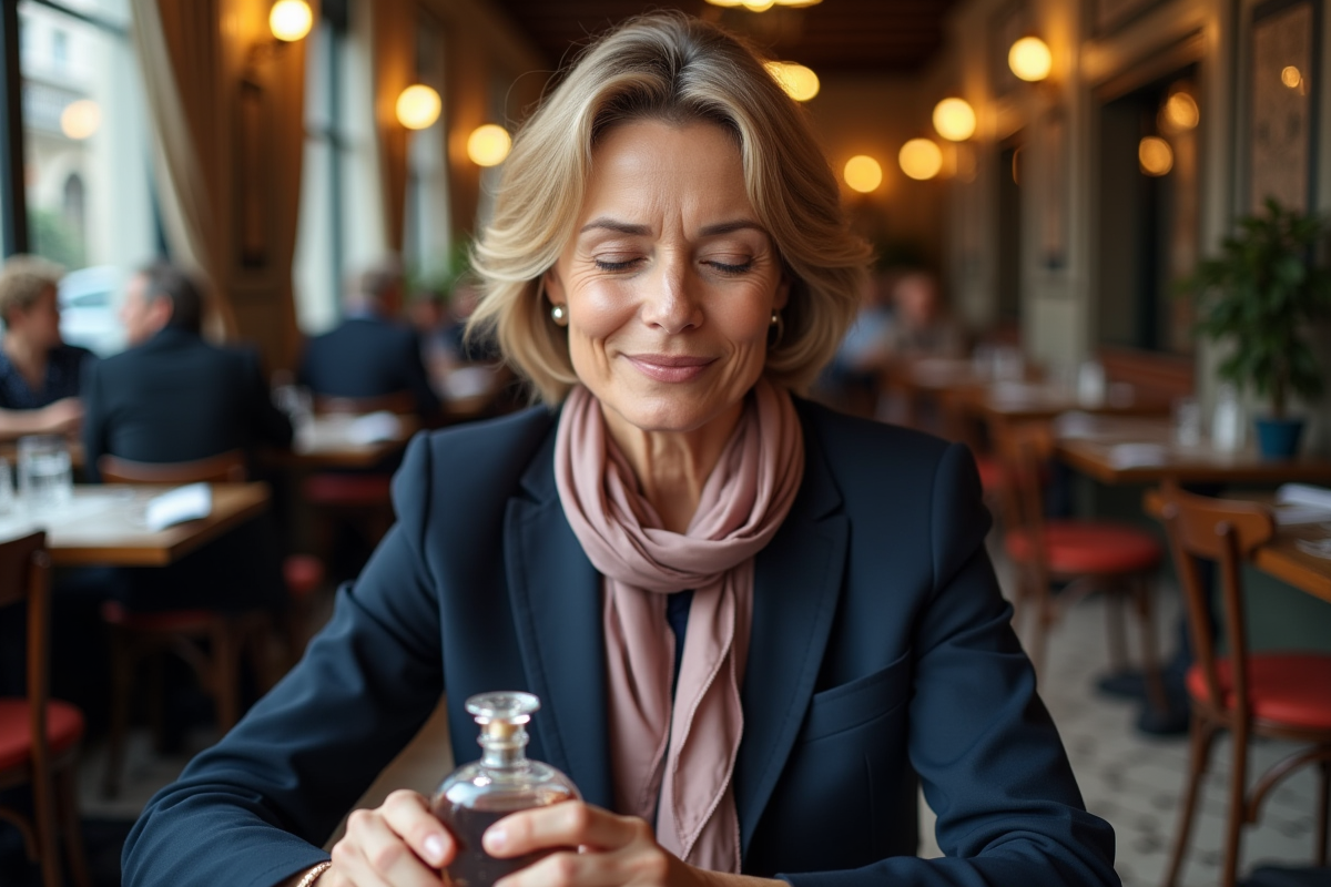 Femme appréciant un parfum dans un café parisien élégant