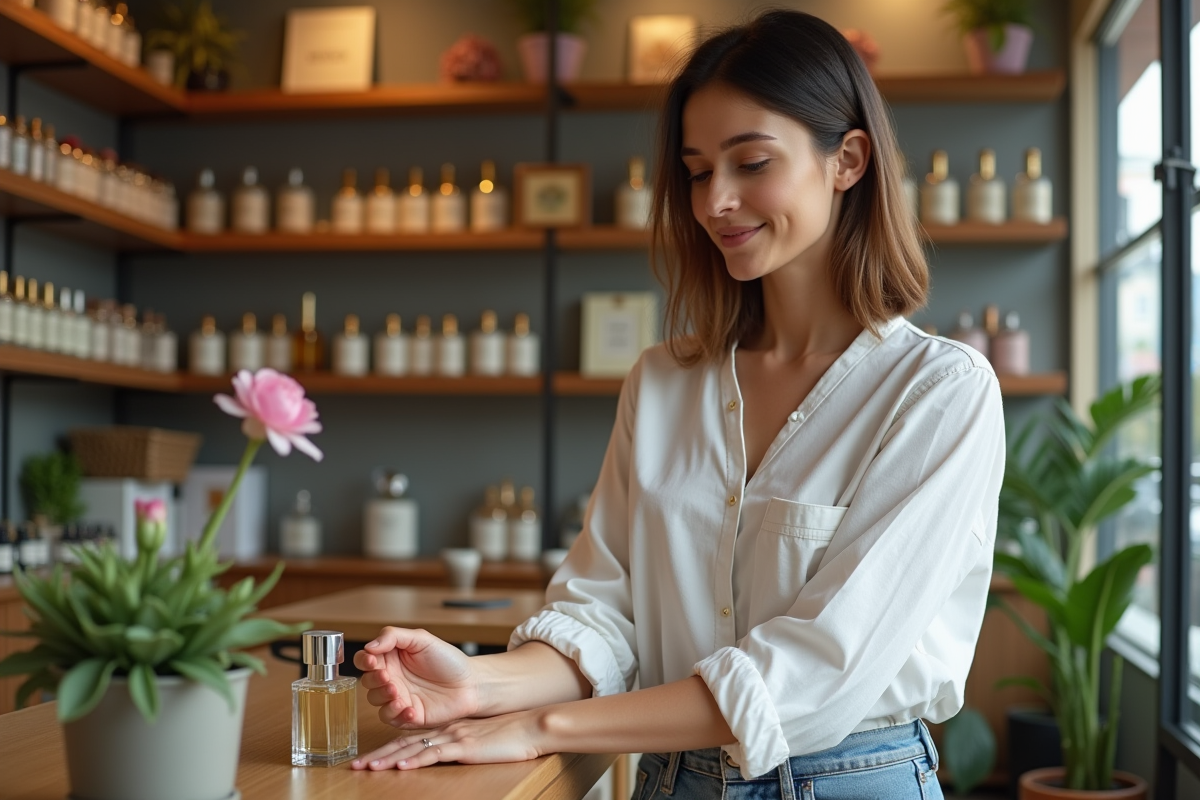 Femme testant un parfum dans une boutique charmante