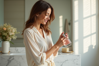 Femme appliquant du parfum dans une salle de bain lumineuse