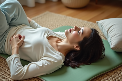 Femme détendue sur un tapis d'acupressure dans un salon cosy