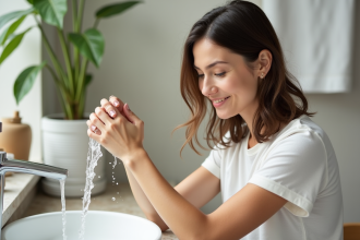 Femme rinçant ses cheveux dans un lavabo moderne