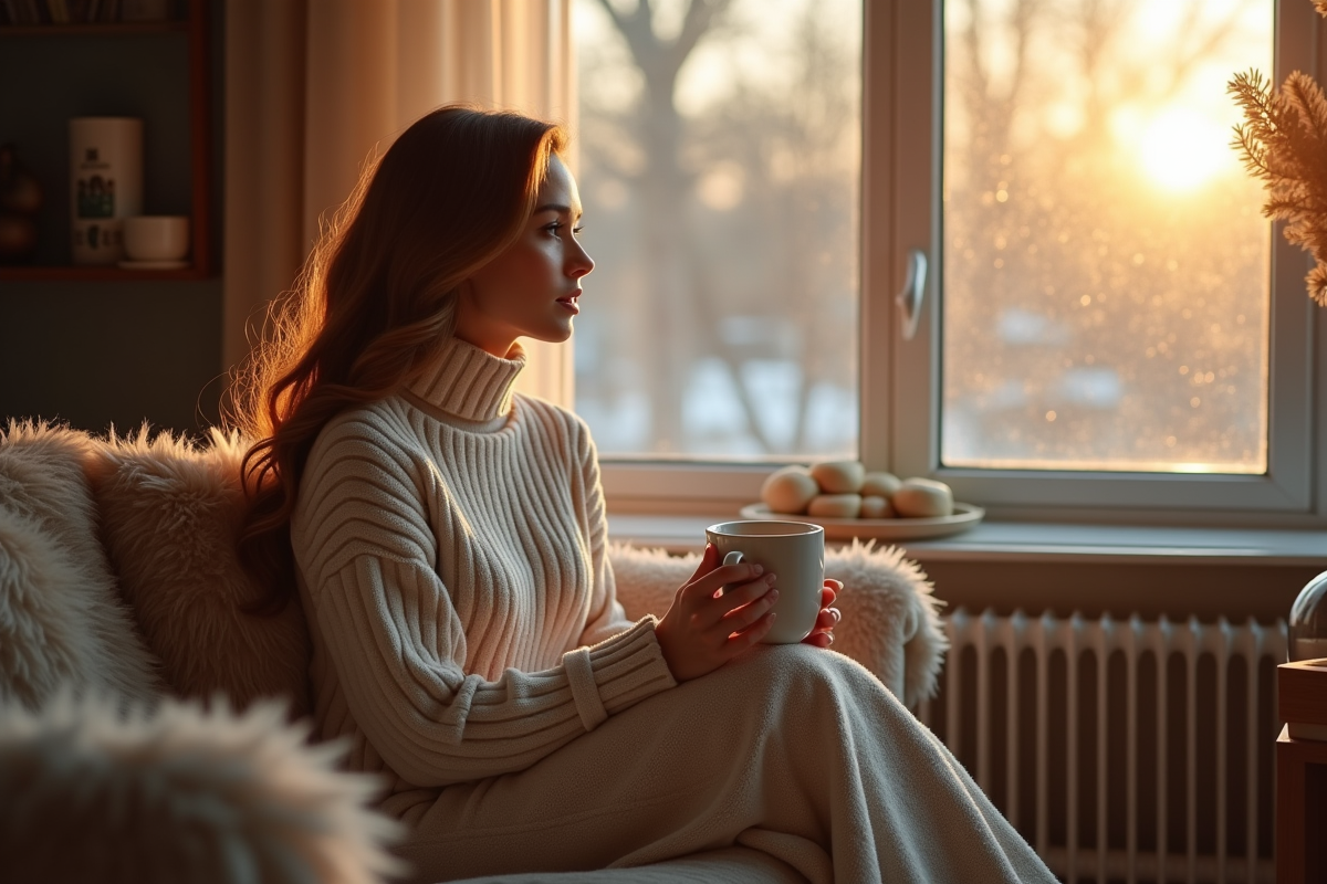 Femme assise dans un salon lumineux en hiver avec pull chaud