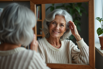 Femme senior avec cheveux gris et sourire naturel