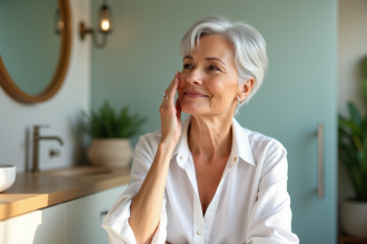 Femme âgée appliquant une crème visage dans une salle de bain lumineuse