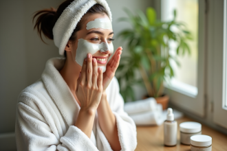 Femme souriante appliquant un masque facial naturel