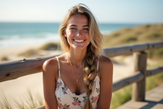 Femme souriante en robe fleurie sur la terrasse en bord de mer