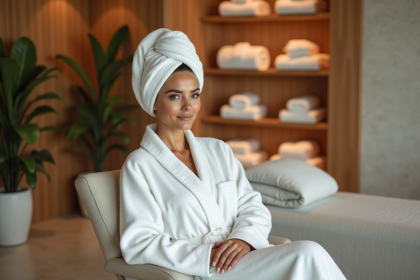 Femme détendue dans un spa avec serviette sur la tête