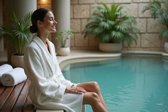 Femme en robe blanche détendue au spa intérieur