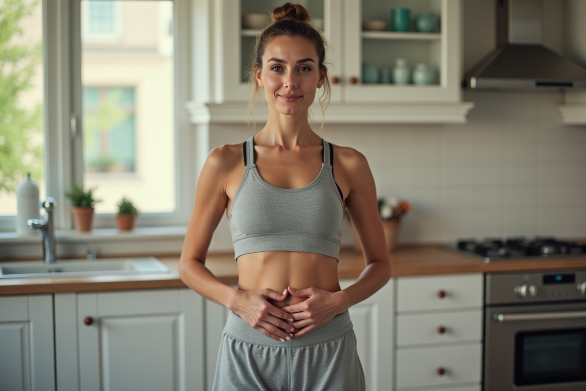 Femme confiante en tenue de sport dans une cuisine lumineuse