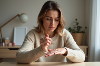 Femme examinant ses ongles gel avec souci à la maison