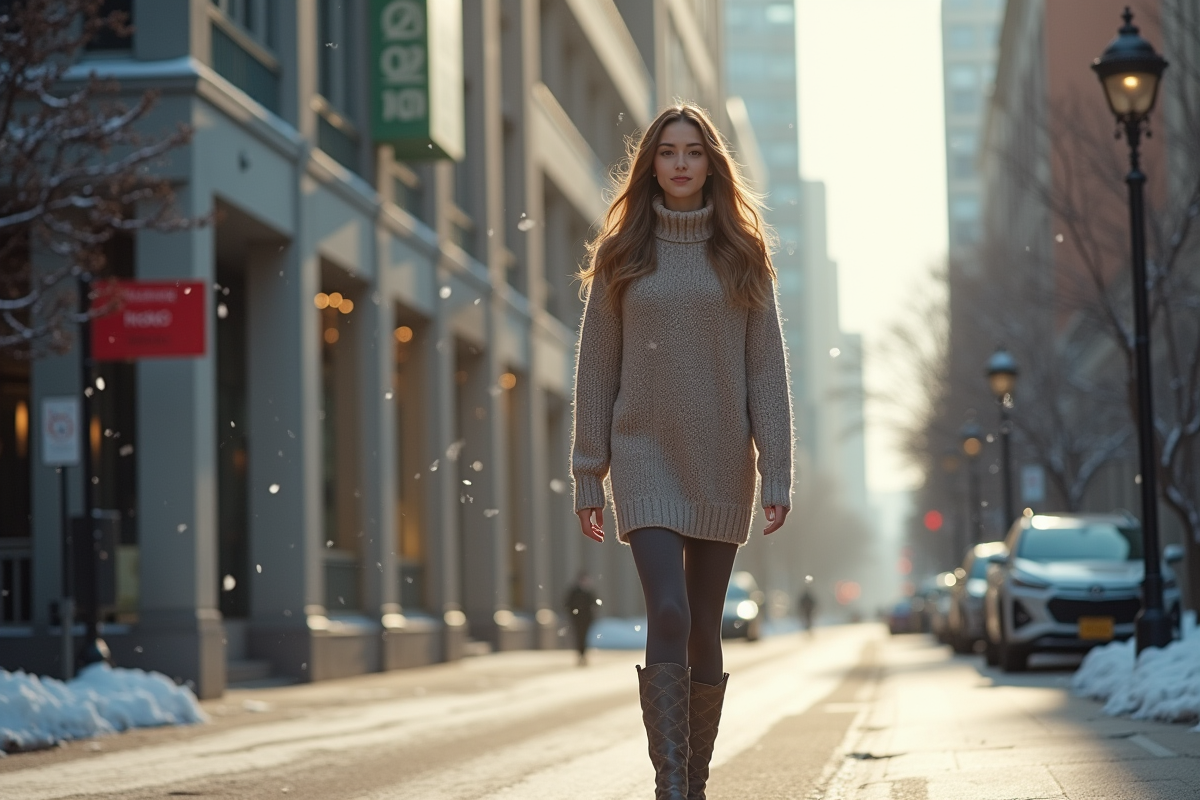 Jeune femme marchant en ville en hiver avec pull robe et bottines