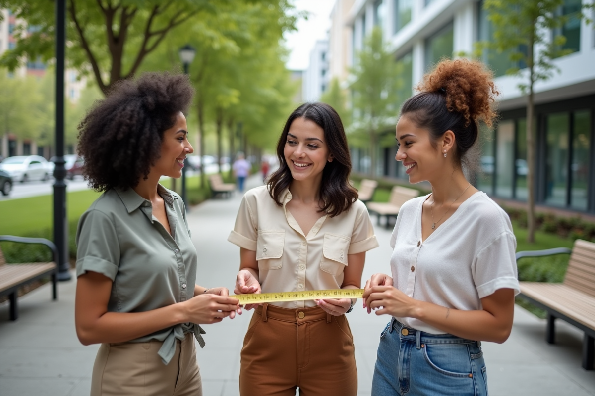 Trois femmes discutant avec un ruban à mesurer dans un parc urbain