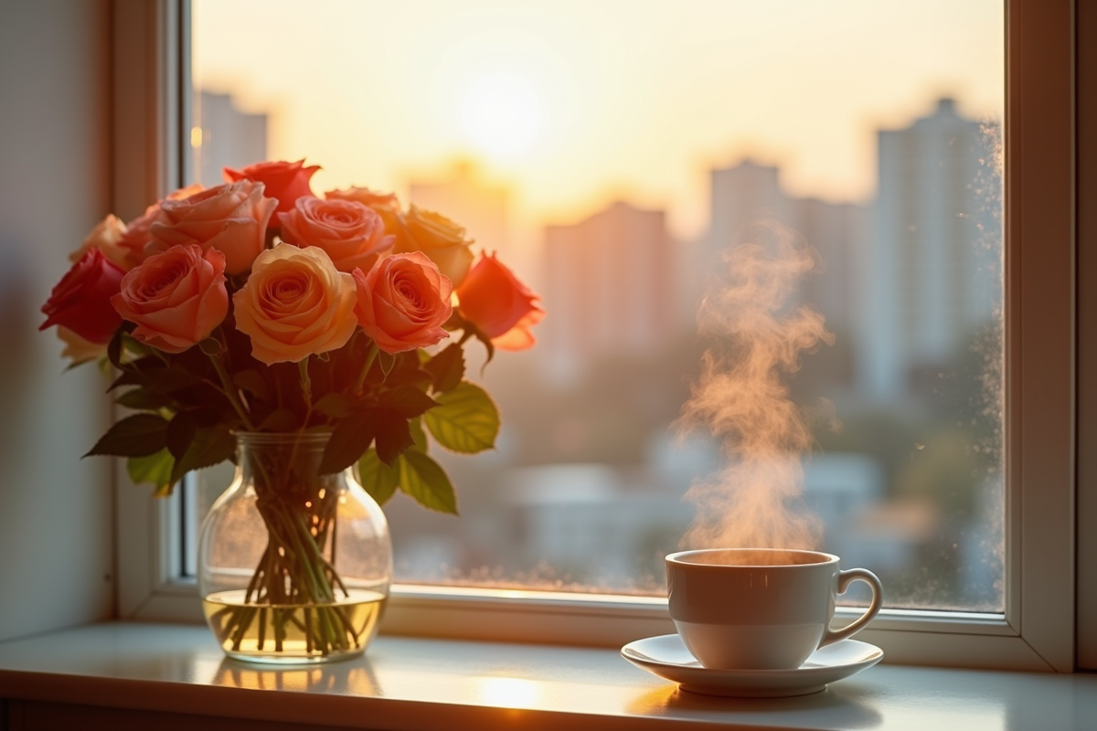 Vase de roses colorées et tasse de café fumante