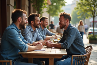 Groupe d'hommes en terrasse de café en ville