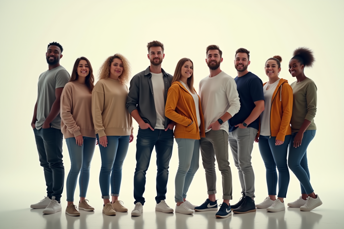 Groupe divers debout dans un studio lumineux