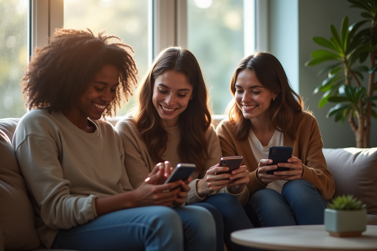 Groupe de jeunes Z créant du contenu social media dans un salon lumineux