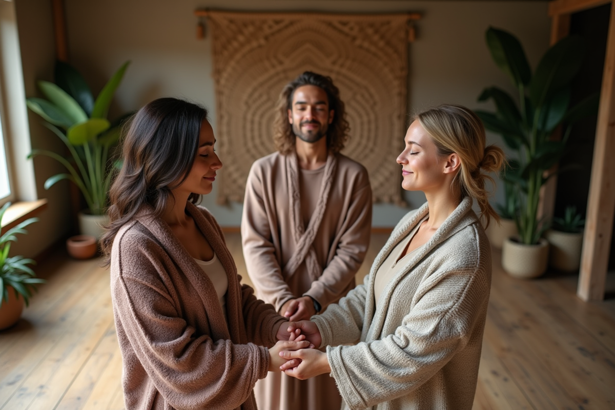 Groupe de trois personnes méditant en cercle dans une pièce chaleureuse