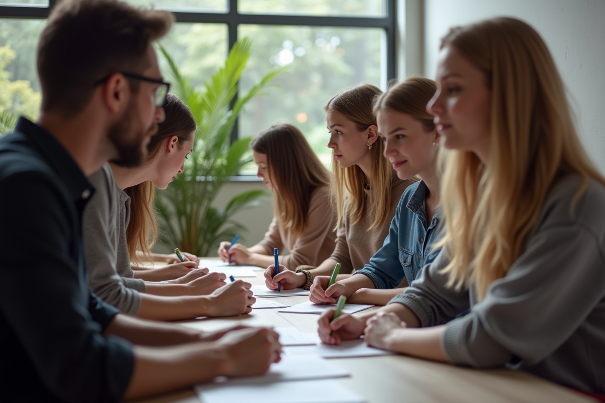 Groupe de modèles préparant des photos dans un studio lumineux