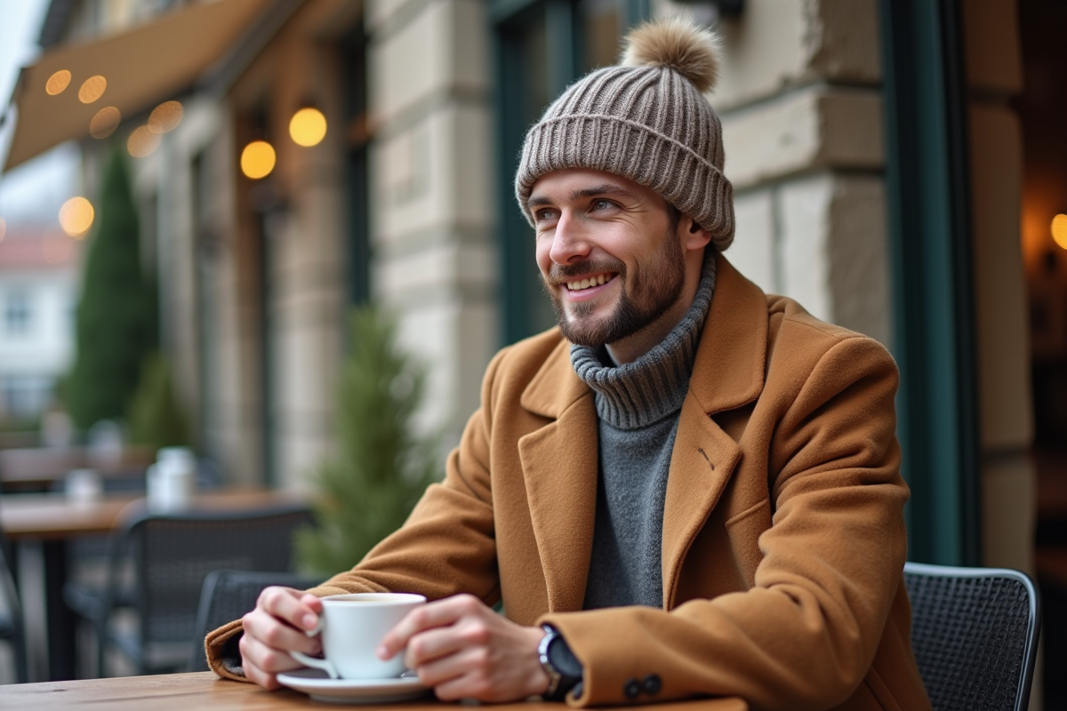Jeune homme avec bonnet dans un café en matinée d