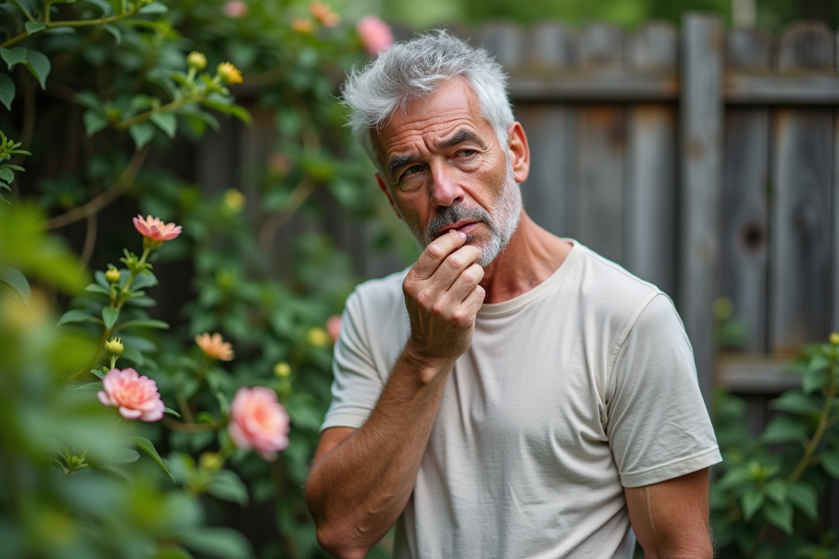 Homme regardant sa cicatrice dans un jardin