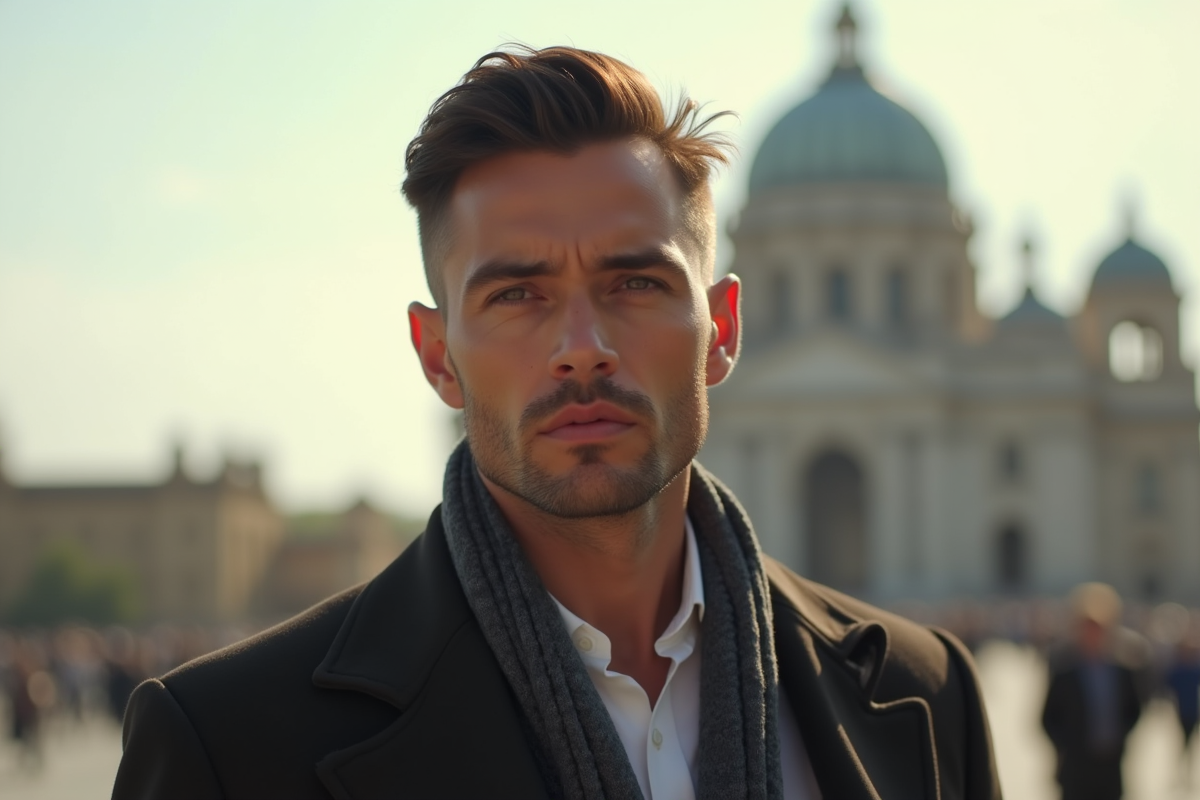 Homme charismatique visage symetrique peau olive en plein air