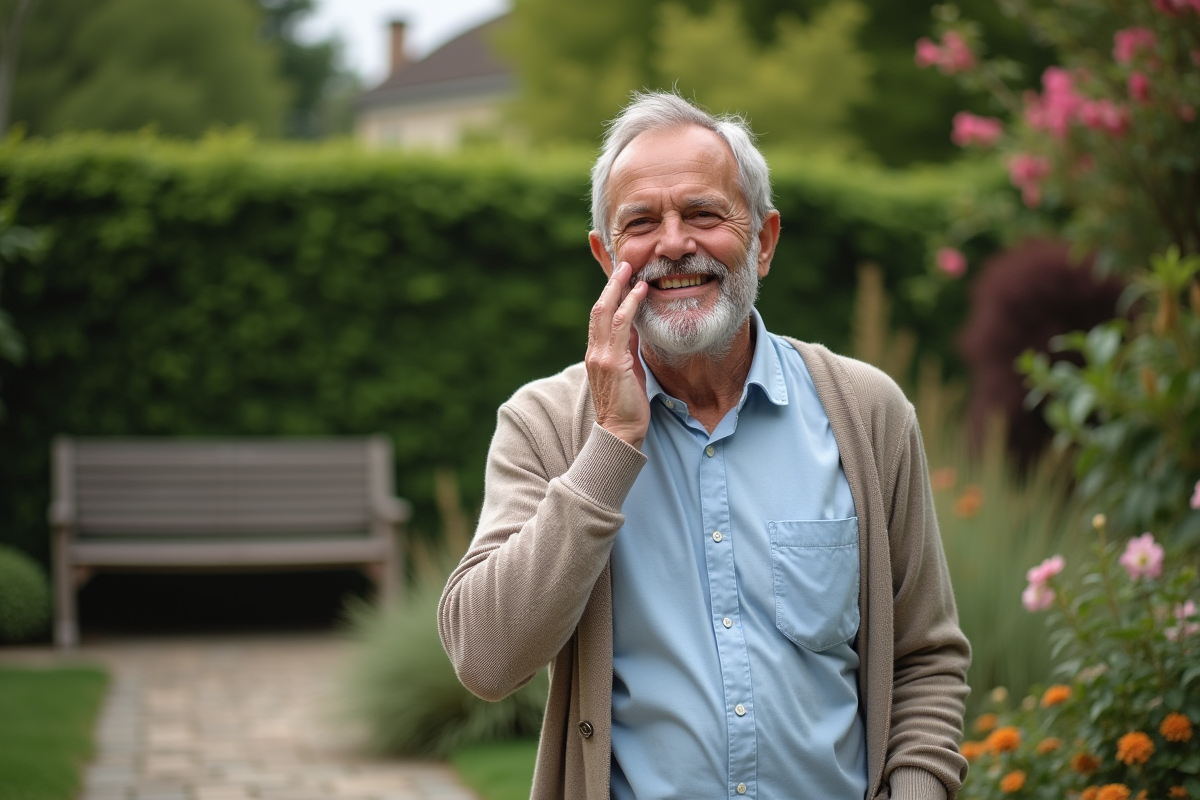 Homme souriant dans un jardin verdoyant et fleuri