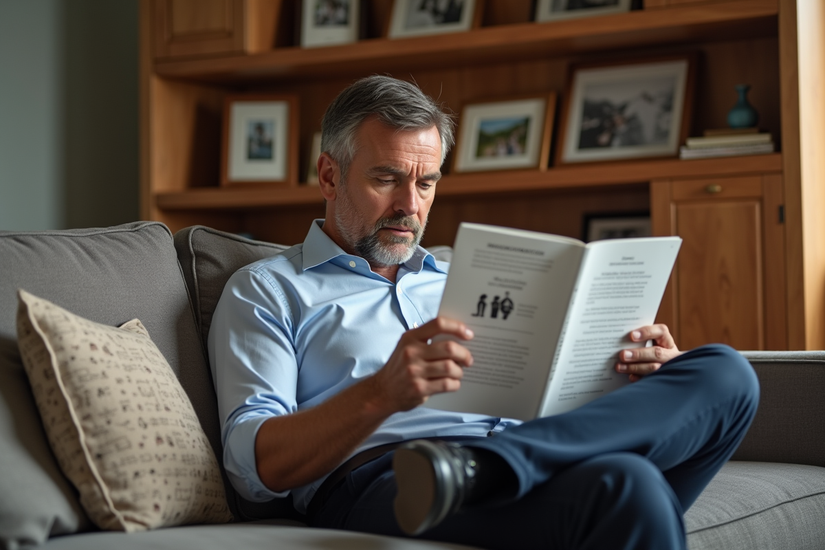Homme en intérieur lisant une brochure sur le laser