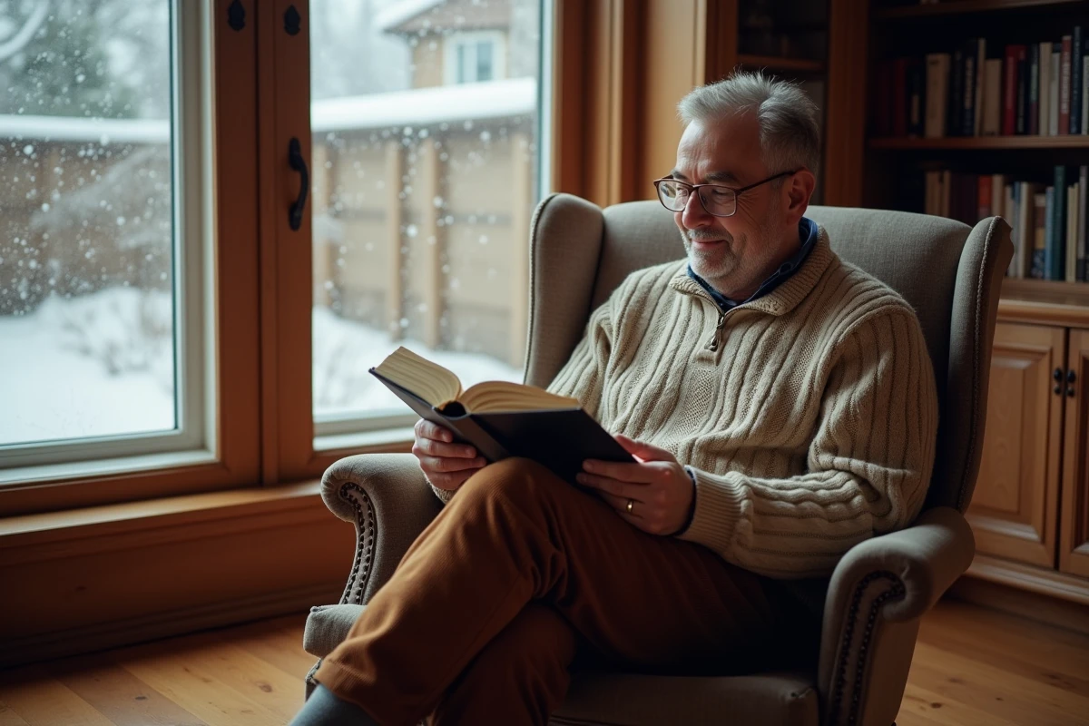 Homme détendu lisant dans un salon chaleureux
