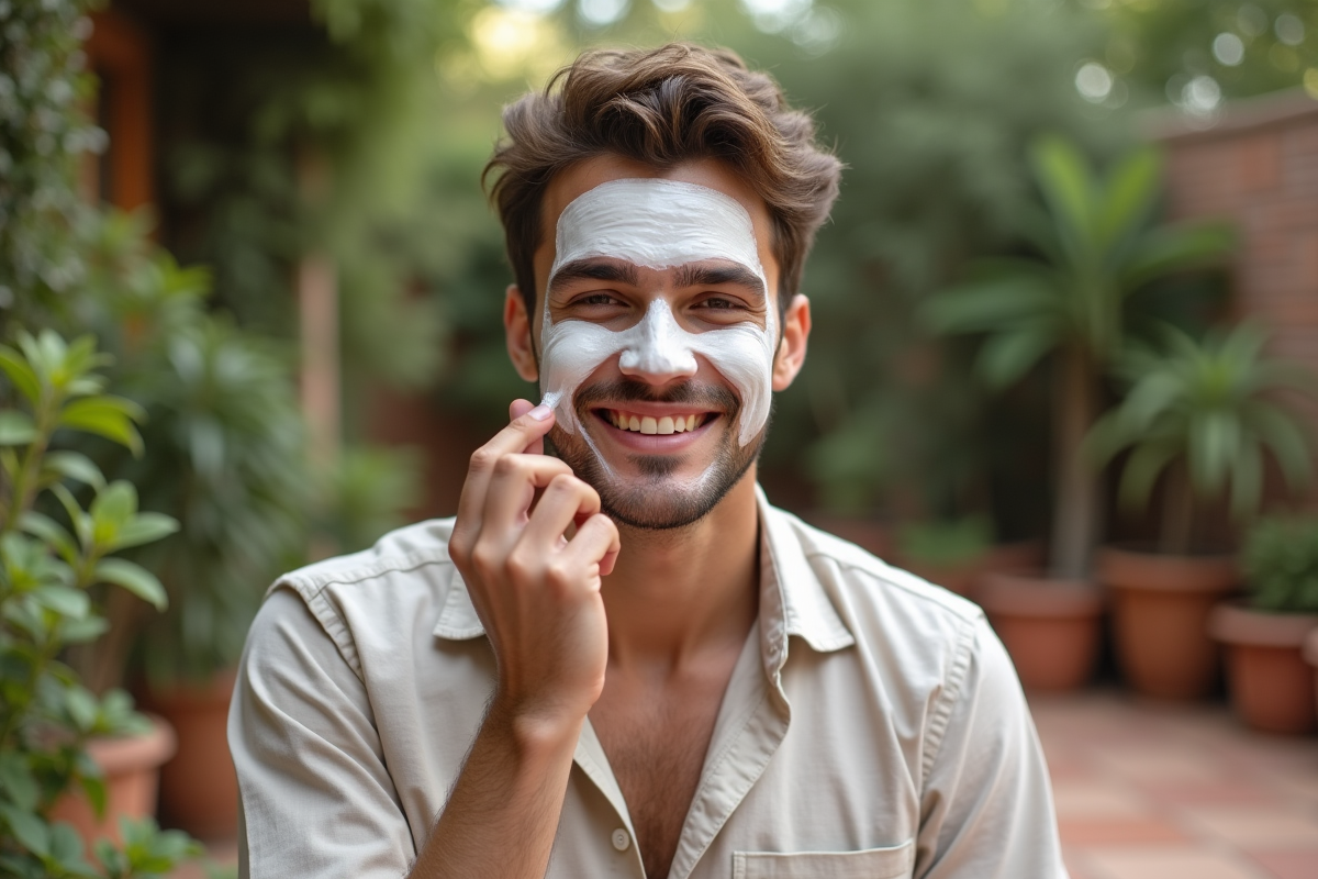Homme en extérieur retirant un masque visage naturel