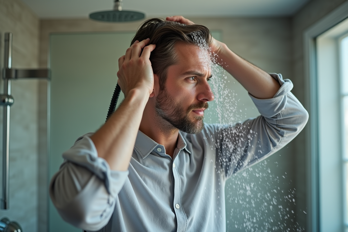 Homme se massant les cheveux sous la douche