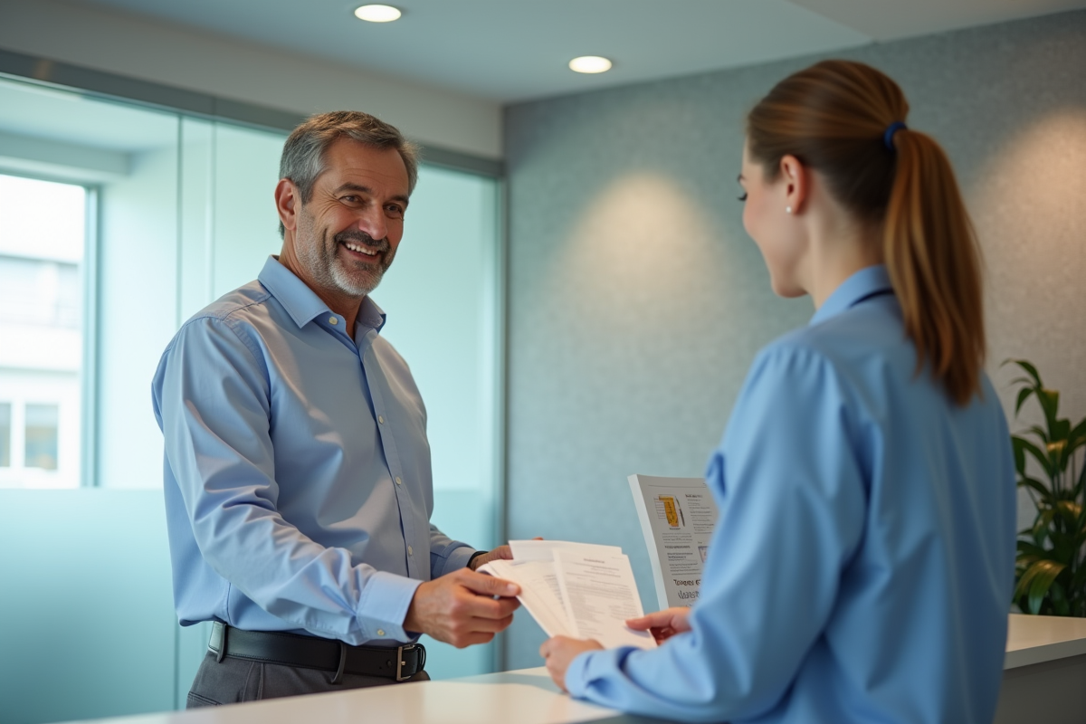 Homme remettant des documents à une réceptionniste dans une clinique