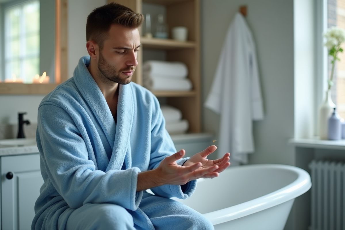 Homme en peignoir regardant ses cheveux sur la baignoire