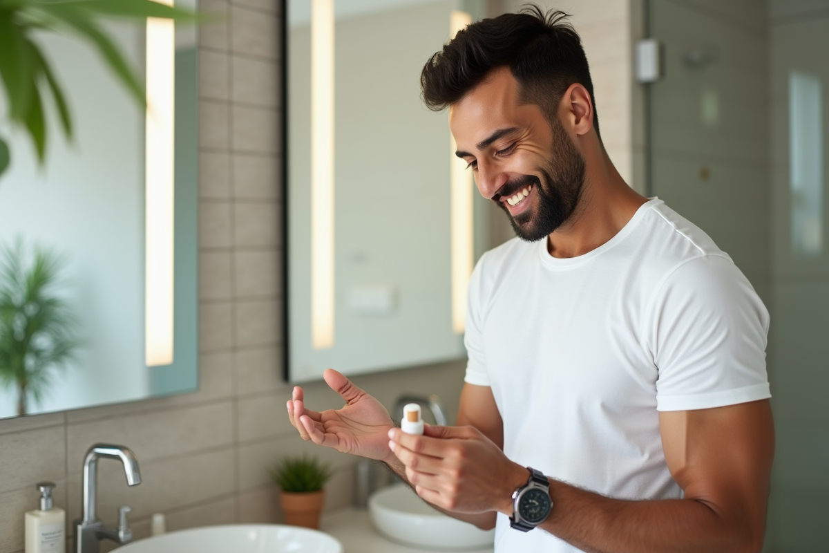 Homme examinant du fond de teint dans la salle de bain
