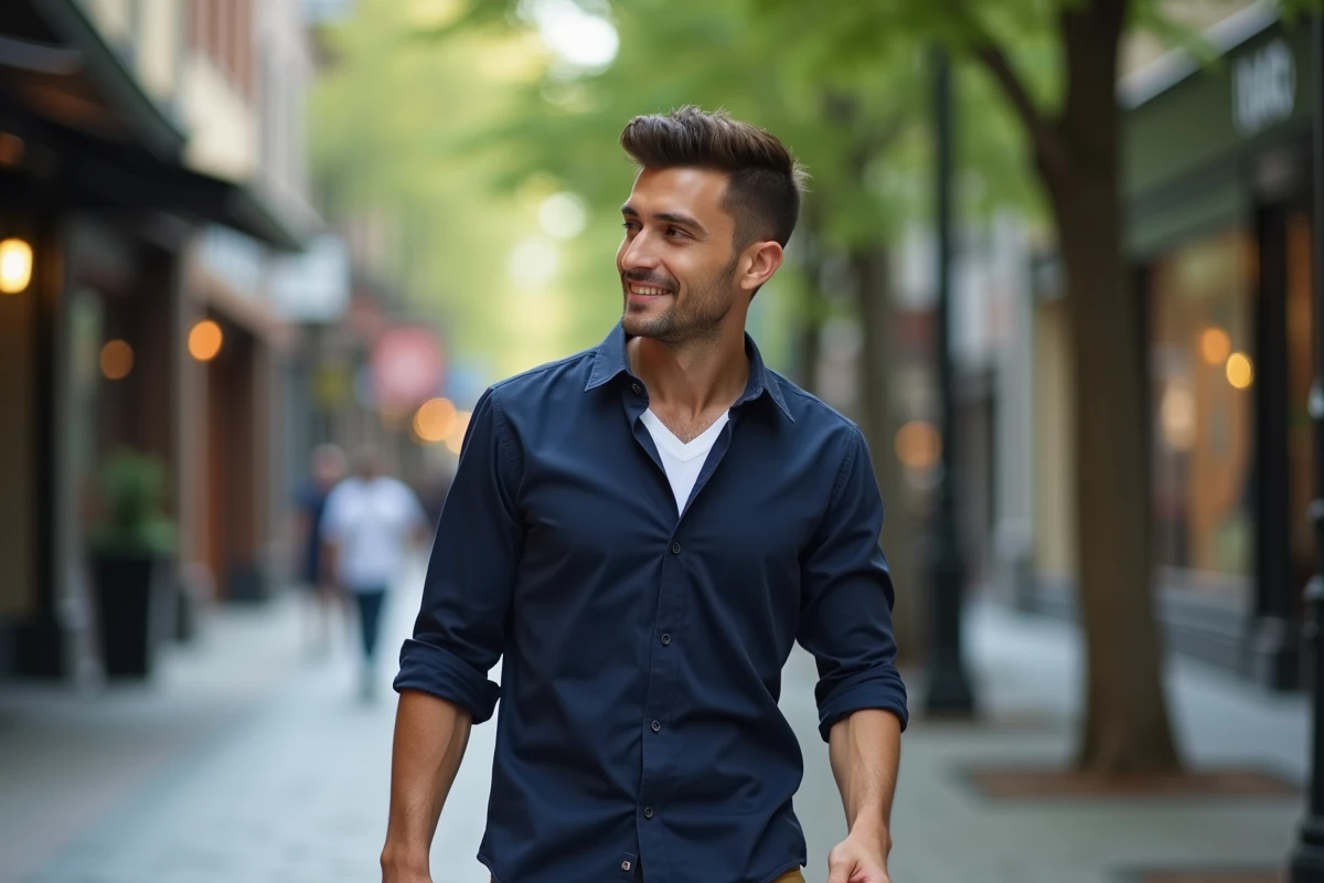 Jeune homme marchant dans la rue avec coiffure tendance