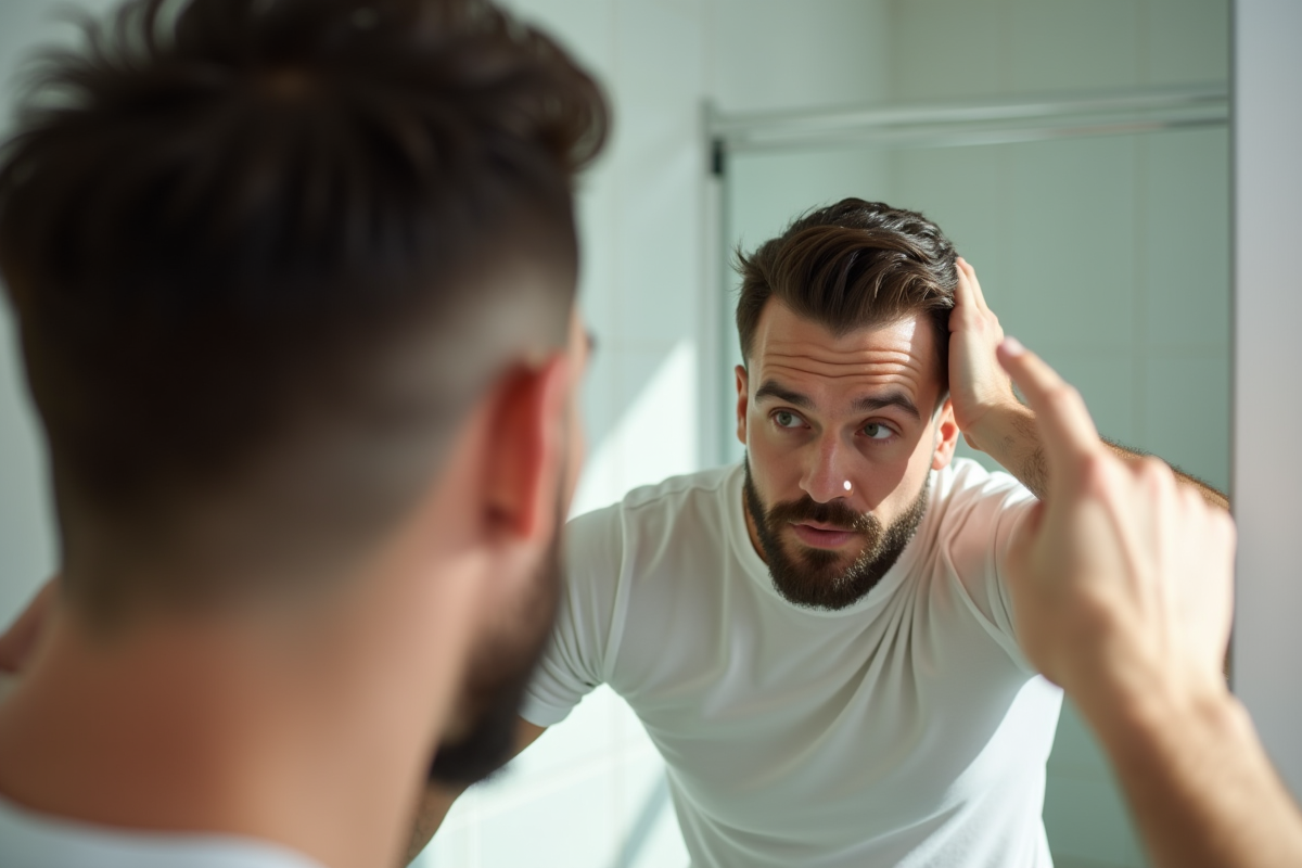 Homme examinant ses cheveux dans un miroir lumineux