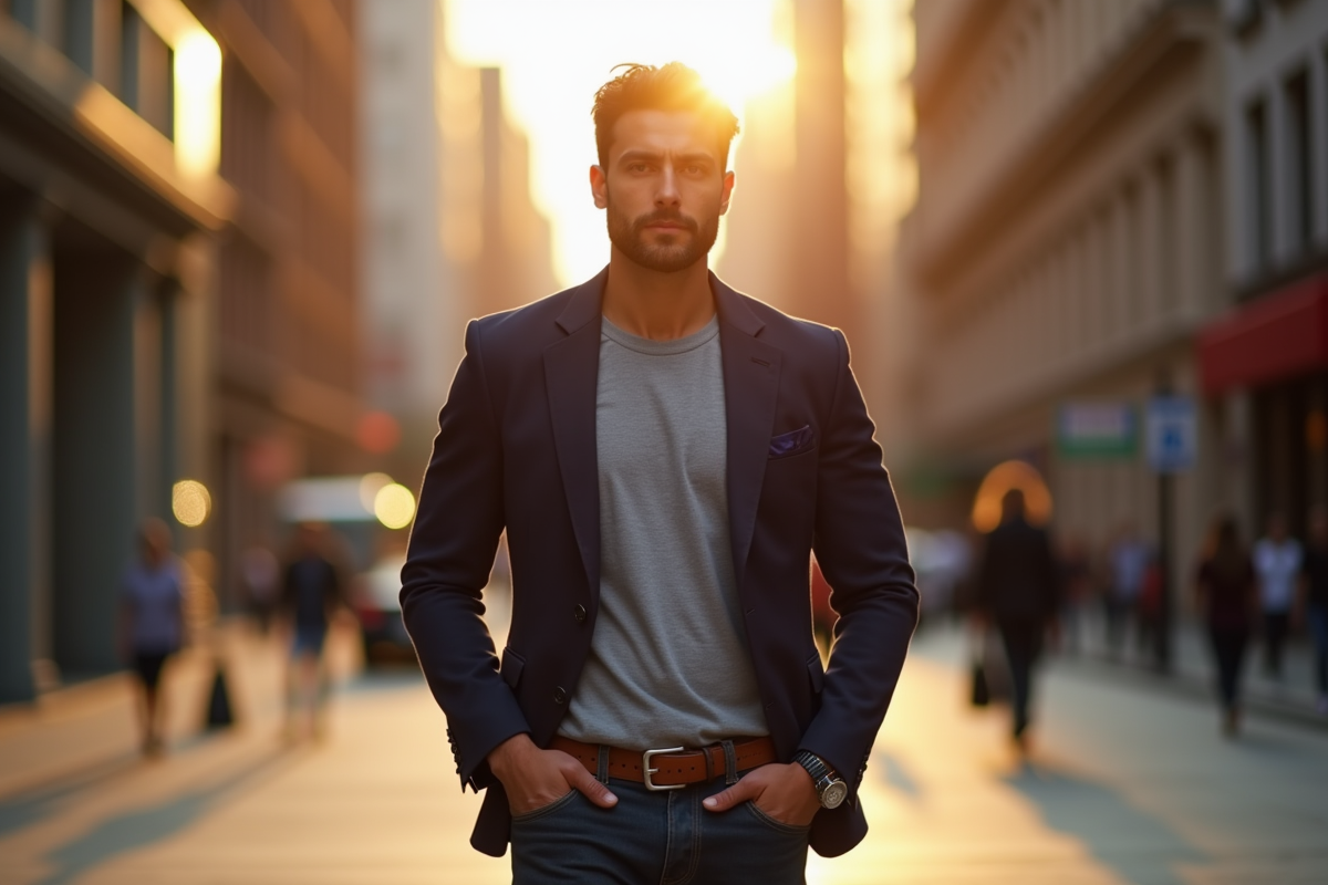 Homme marchant dans la ville au coucher du soleil