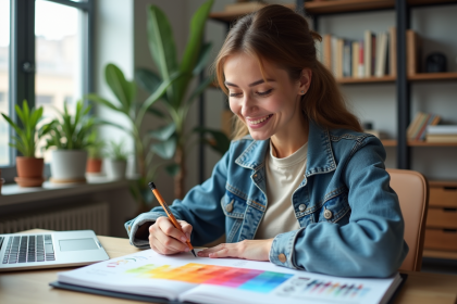 Jeune femme cr&eacute;ative esquissant des &eacute;chantillons de d&eacute;grad&eacute; dans un studio lumineux