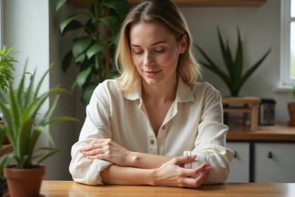 Jeune femme appliquant gel d'aloe sur une cicatrice