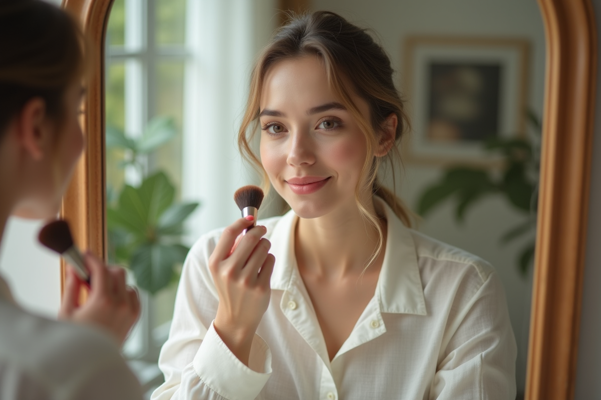 Jeune femme appliquant maquillage naturel devant miroir