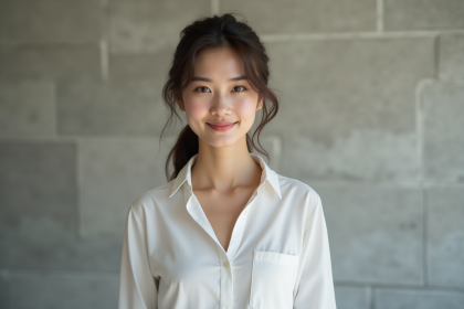 Jeune femme en blouse blanche souriante en intérieur