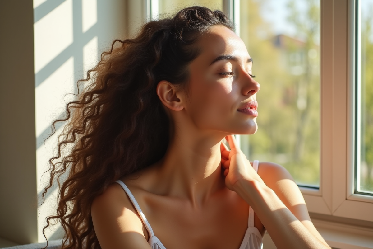 Jeune femme aux cheveux naturels près d'une fenêtre ensoleillée