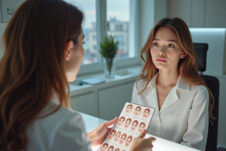 Jeune femme en clinique de beauté écoute un professionnel