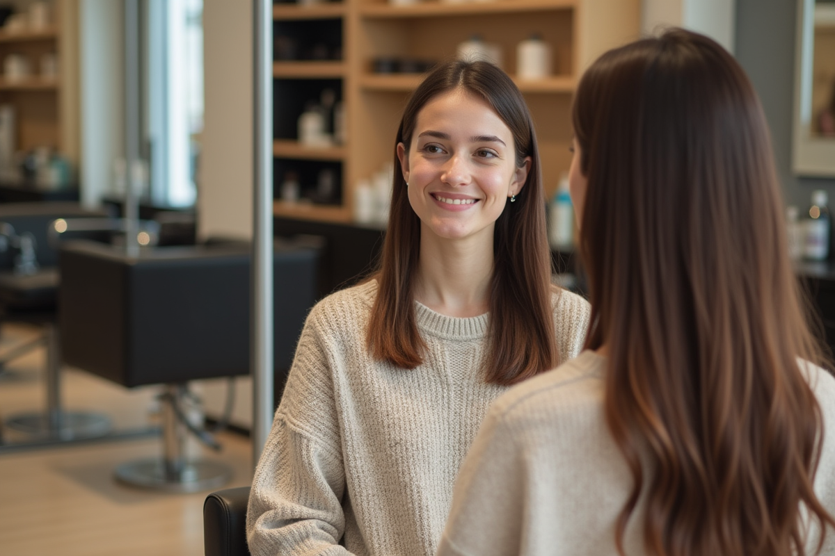 Jeune femme dans un salon de coiffure moderne regardant son reflet