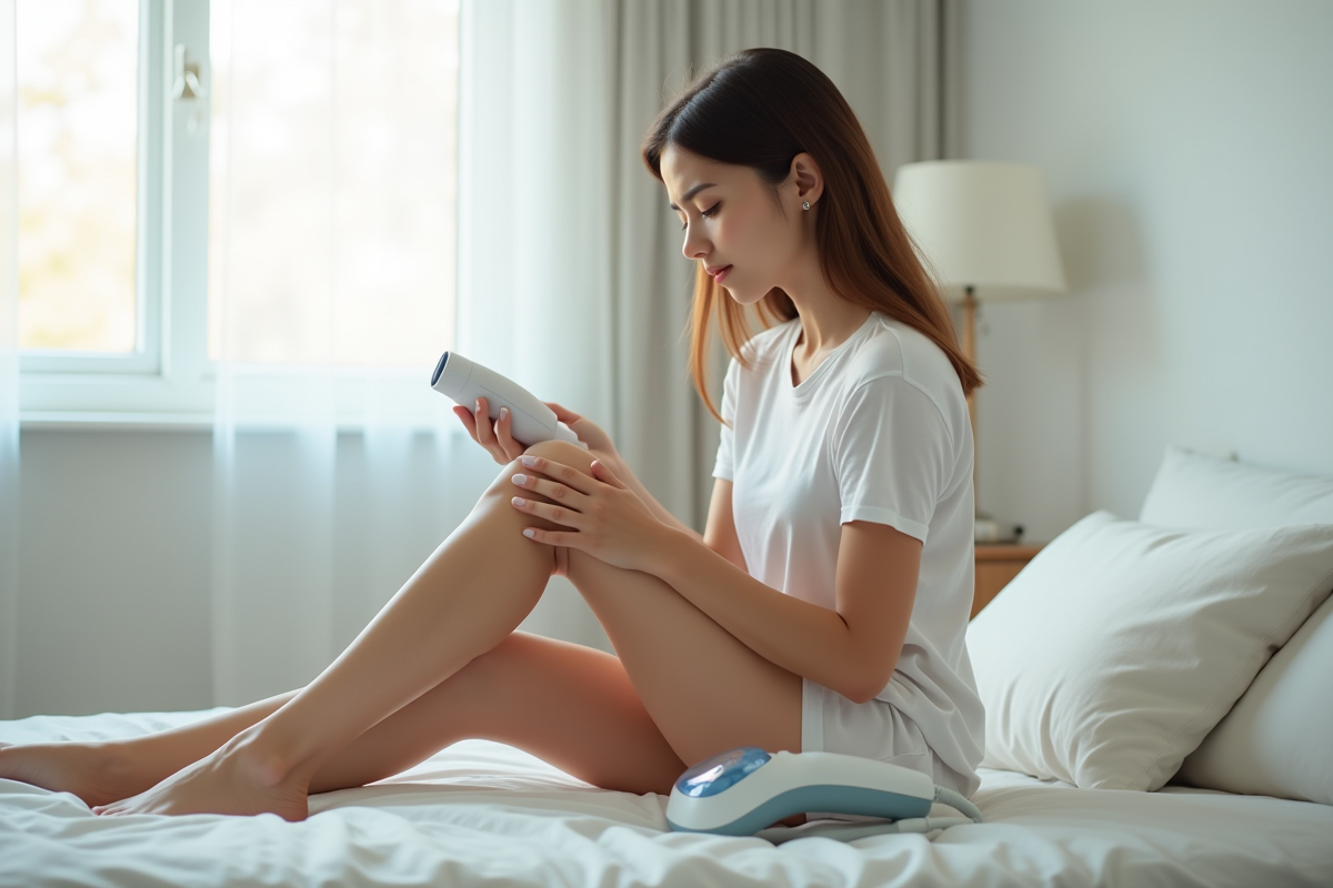 Jeune femme examinant sa jambe avec un epilateur IPL dans une chambre lumineuse